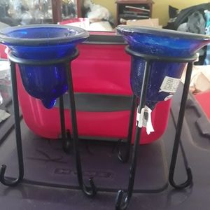Set of two blue candle holders. Could be small vases.